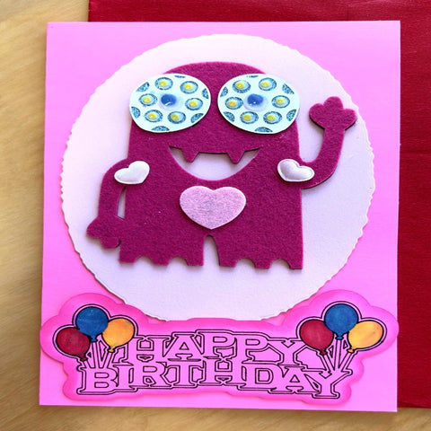 Pink Felt Monster Birthday Card